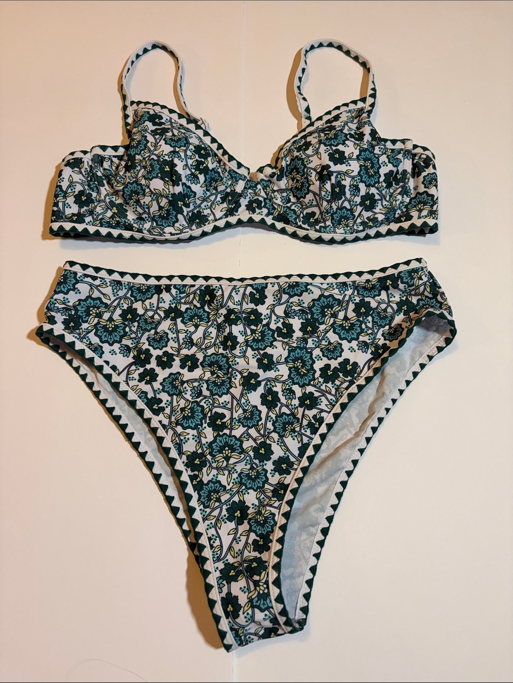 Cupshe Teal and White Floral High-Waist Bikini Set Size XL